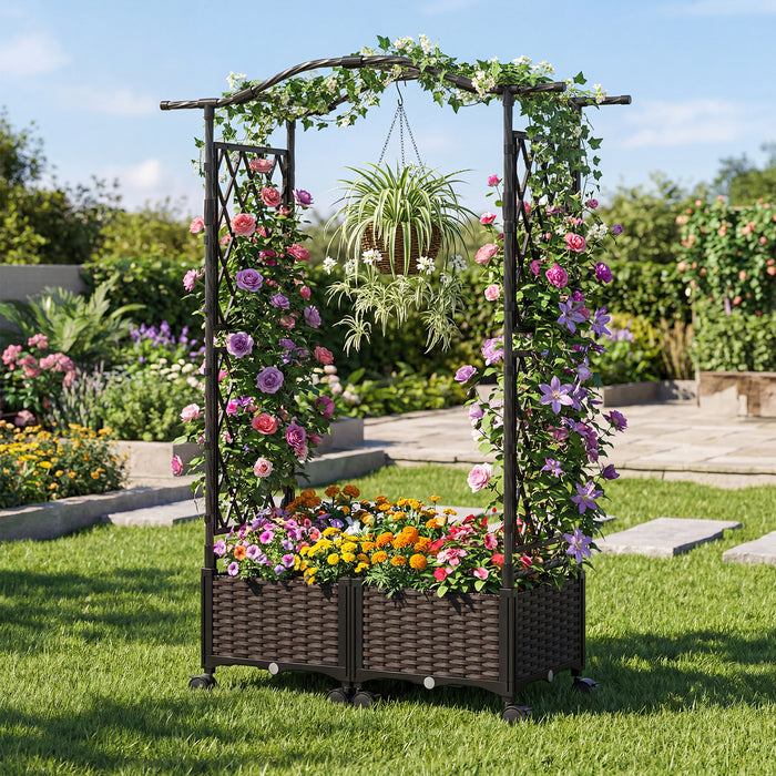 Self-Watering Planter Boxes with Lattice Trellis and Roof for Flower Herb-