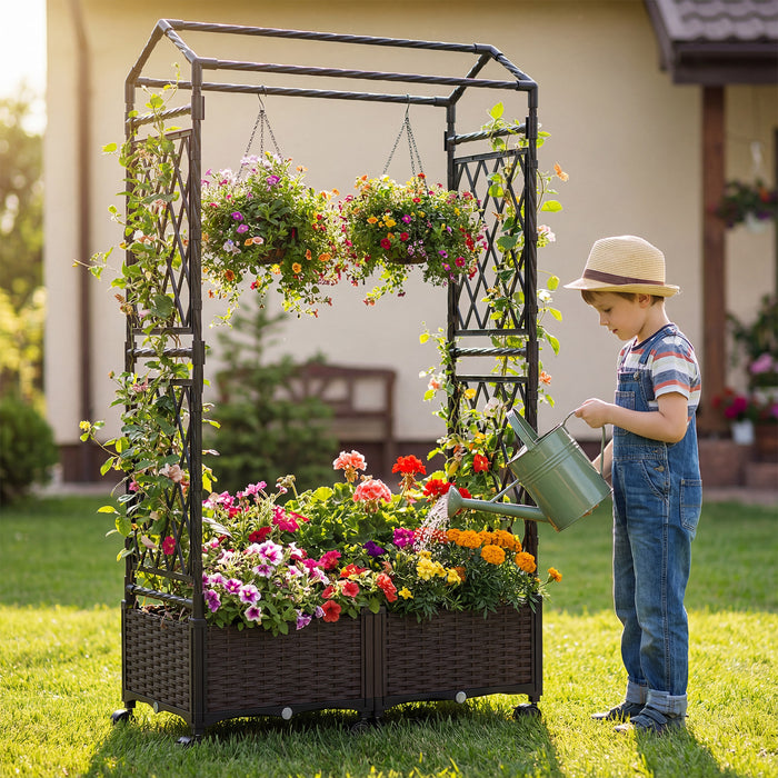 Self-Watering Planter Boxes with Lattice Trellis and Roof for Climbing Vine-