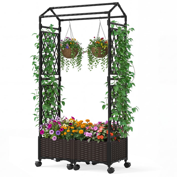 Self-Watering Planter Boxes with Lattice Trellis and Roof for Climbing Vine-