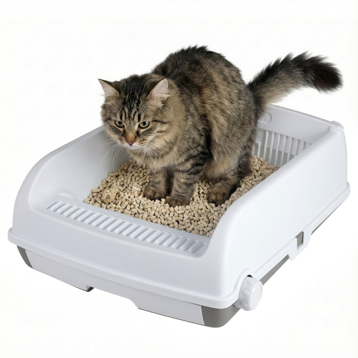 Semi-auto Open-top Cat Litter Box with High Side Splash-proof Cat Toilet with Drawer-type Potty Tray-