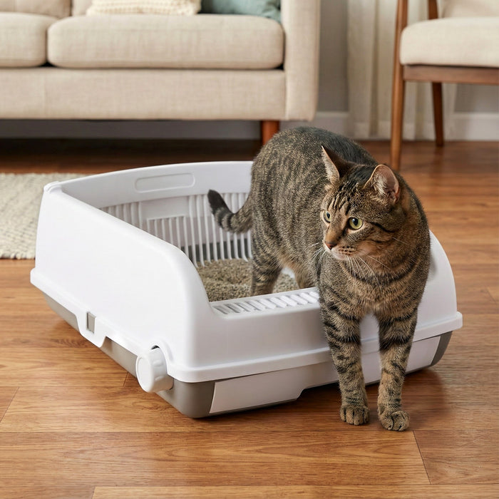 Semi-auto Open-top Cat Litter Box with High Side Splash-proof Cat Toilet with Drawer-type Potty Tray-