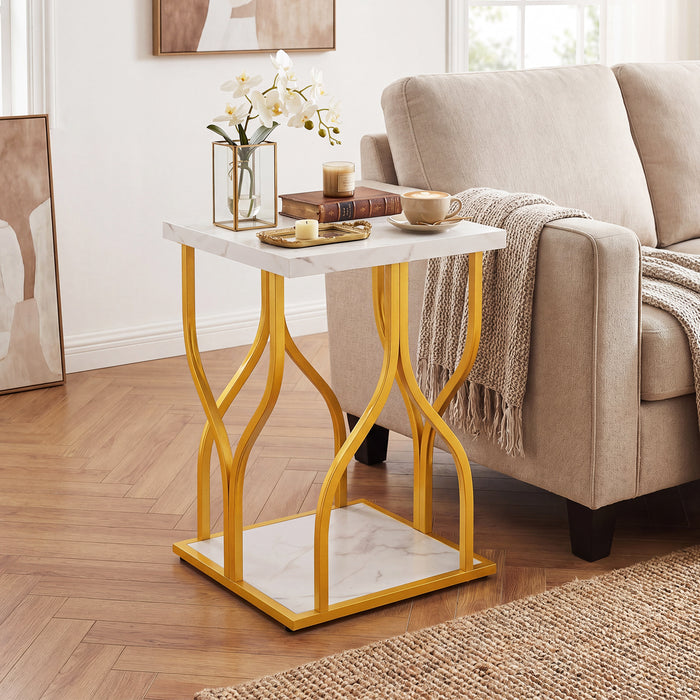 Set of 1 Faux Marble Nightstand with Storage Shelf for Bedroom Small Space-