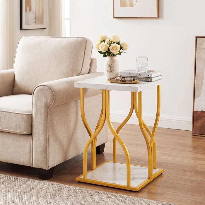 Set of 1 Faux Marble Nightstand with Storage Shelf for Bedroom Small Space-