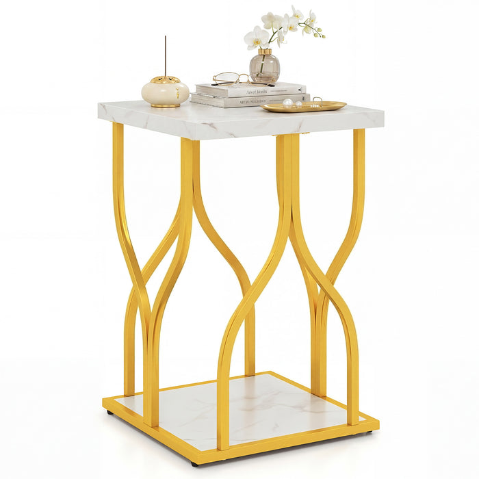 Set of 1 Faux Marble Nightstand with Storage Shelf for Bedroom Small Space-