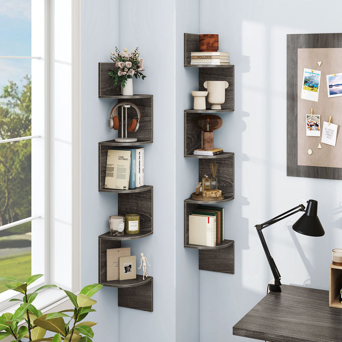 Set of 2 5-Tier Corner Shelf Wall Mount Floating Corner Bookshelf Corner Ladder Shelf-Rustic Brown