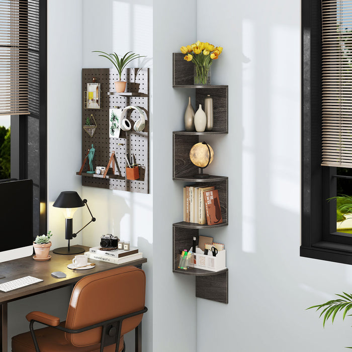 Set of 2 5-Tier Corner Shelf Wall Mount Floating Corner Bookshelf Corner Ladder Shelf-Rustic Brown