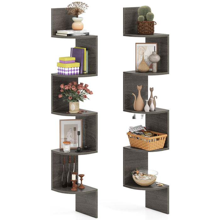 Set of 2 5-Tier Corner Shelf Wall Mount Floating Corner Bookshelf Corner Ladder Shelf-Rustic Brown