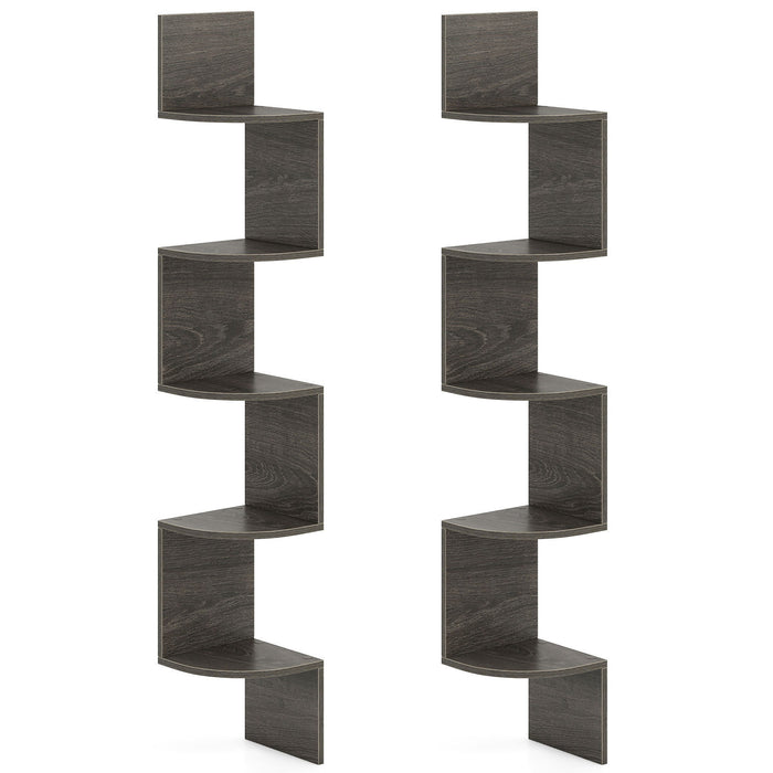 Set of 2 5-Tier Corner Shelf Wall Mount Floating Corner Bookshelf Corner Ladder Shelf-Rustic Brown