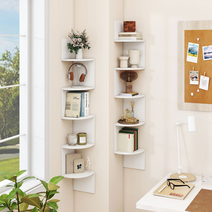 Set of 2 5-Tier Corner Shelf Wall Mount Floating Corner Bookshelf Corner Ladder Shelf-Rustic Brown