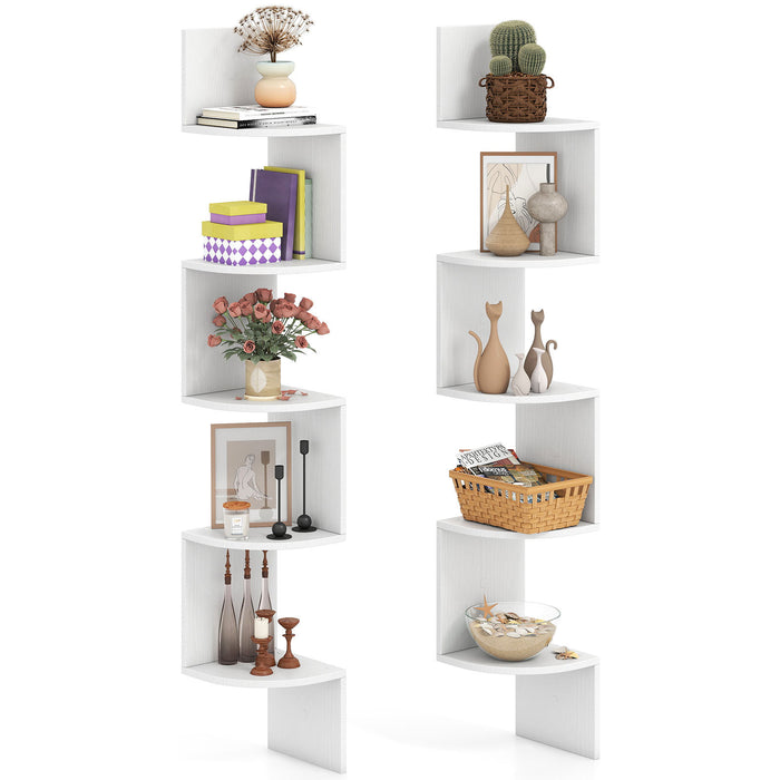 Set of 2 5-Tier Corner Shelf Wall Mount Floating Corner Bookshelf Corner Ladder Shelf-Rustic Brown