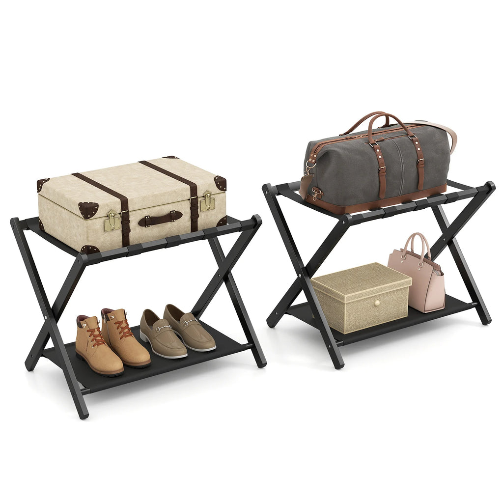 Set of 2 Bamboo Luggage Racks with Nylon Straps and Oxford Cloth Storage Shelves-