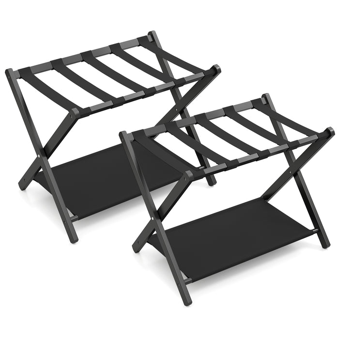 Set of 2 Bamboo Luggage Racks with Nylon Straps and Oxford Cloth Storage Shelves-