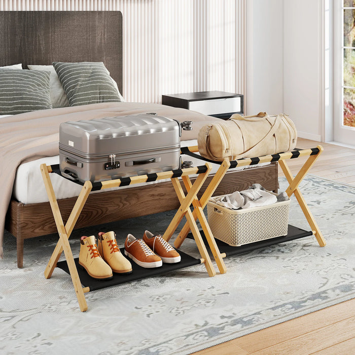 Set of 2 Bamboo Luggage Racks with Nylon Straps and Oxford Cloth Storage Shelves-