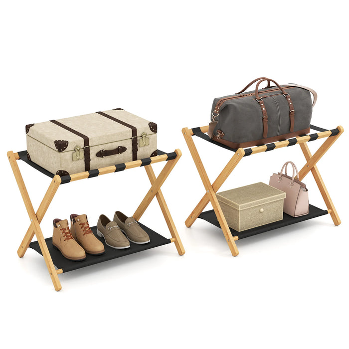 Set of 2 Bamboo Luggage Racks with Nylon Straps and Oxford Cloth Storage Shelves-