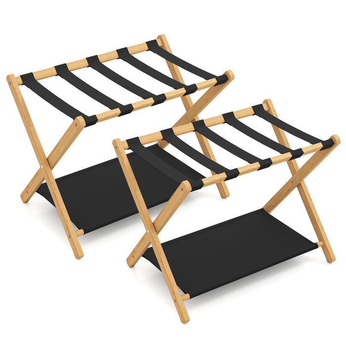 Set of 2 Bamboo Luggage Racks with Nylon Straps and Oxford Cloth Storage Shelves-