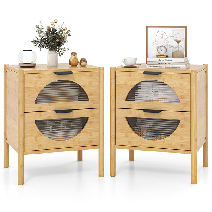 Set of 2 Bamboo Nightstand Mid-century Modern Bedside Table with 2 Storage Drawers-