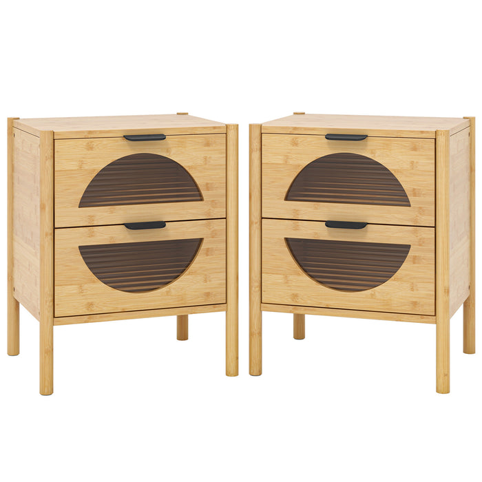 Set of 2 Bamboo Nightstand Mid-century Modern Bedside Table with 2 Storage Drawers-