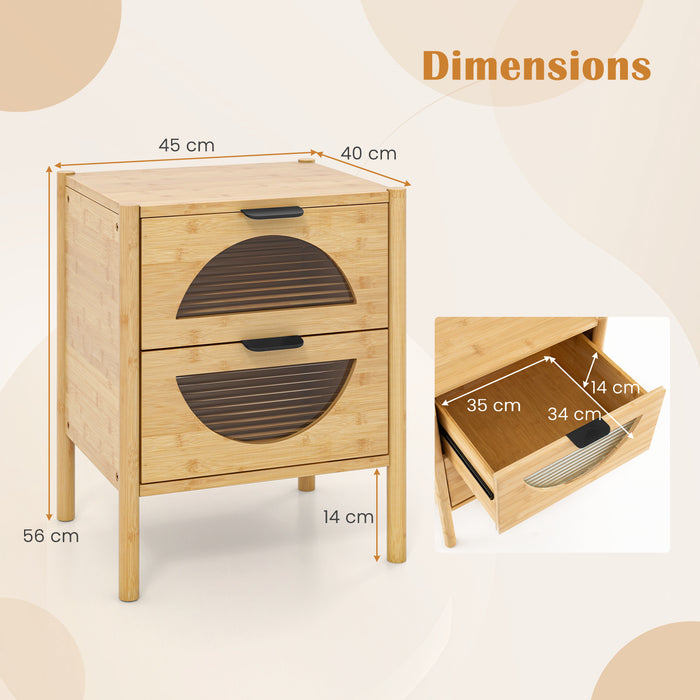 Set of 2 Bamboo Nightstand Mid-century Modern Bedside Table with 2 Storage Drawers-