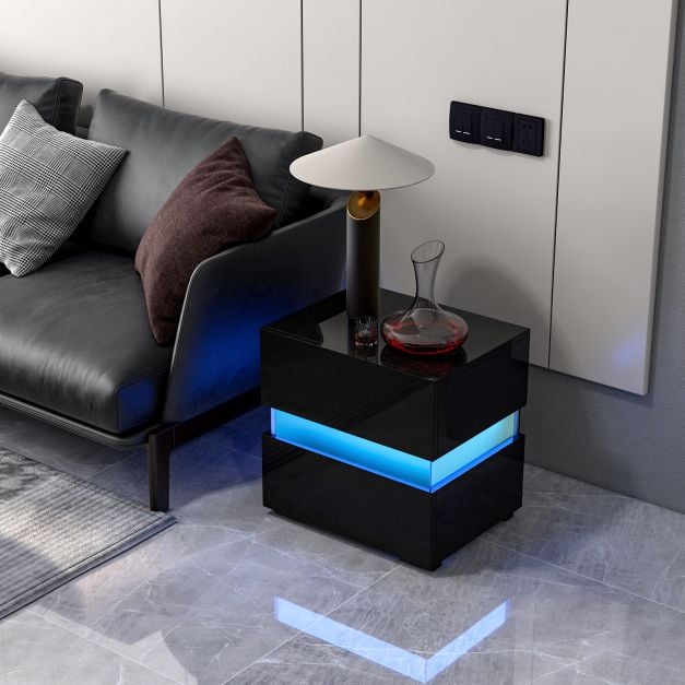 Set of 2 Bedside Table LED Nightstand with Drawers-White