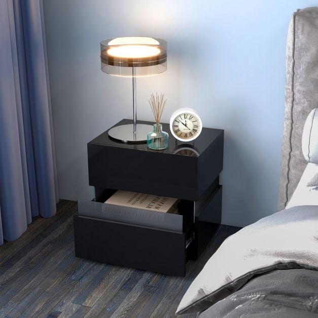 Set of 2 Bedside Table LED Nightstand with Drawers-White