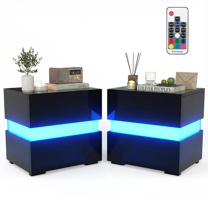 Set of 2 Bedside Table LED Nightstand with Drawers-White