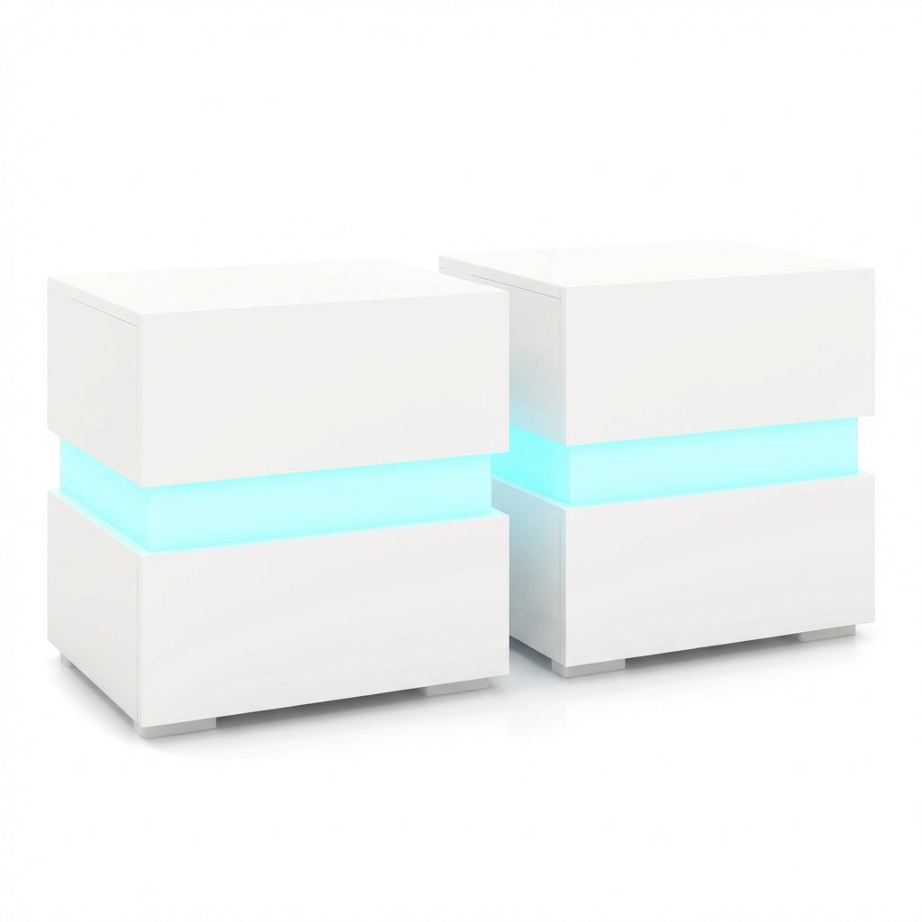 Set of 2 Bedside Table LED Nightstand with Drawers-White