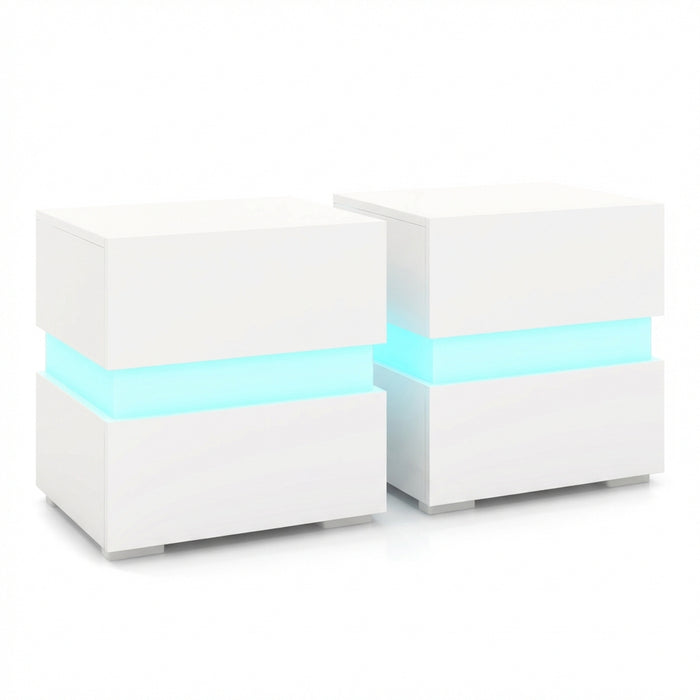 Set of 2 Bedside Table LED Nightstand with Drawers-White