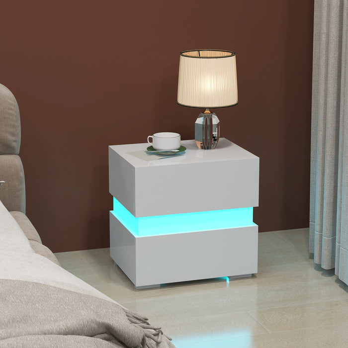 Set of 2 Bedside Table LED Nightstand with Drawers-White