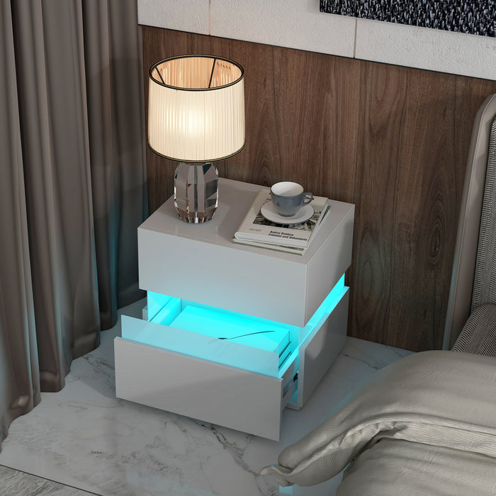 Set of 2 Bedside Table LED Nightstand with Drawers-White