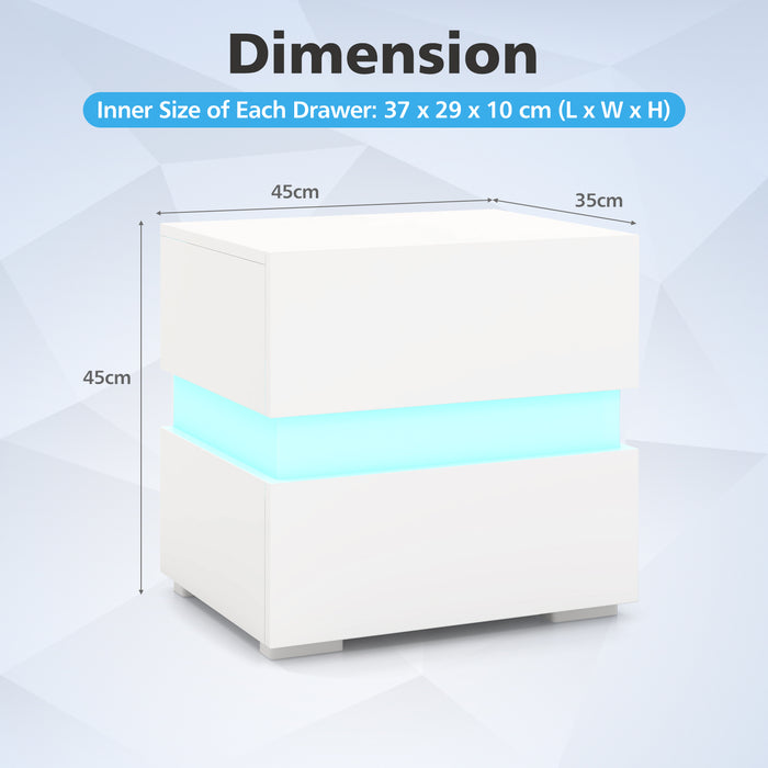 Set of 2 Bedside Table LED Nightstand with Drawers-White