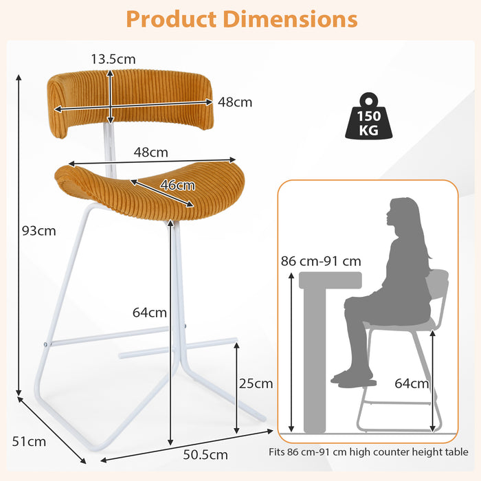 Set of 2 Counter Height Stools 63cm Fabric Upholstered Armless Barstools with Curved Back-