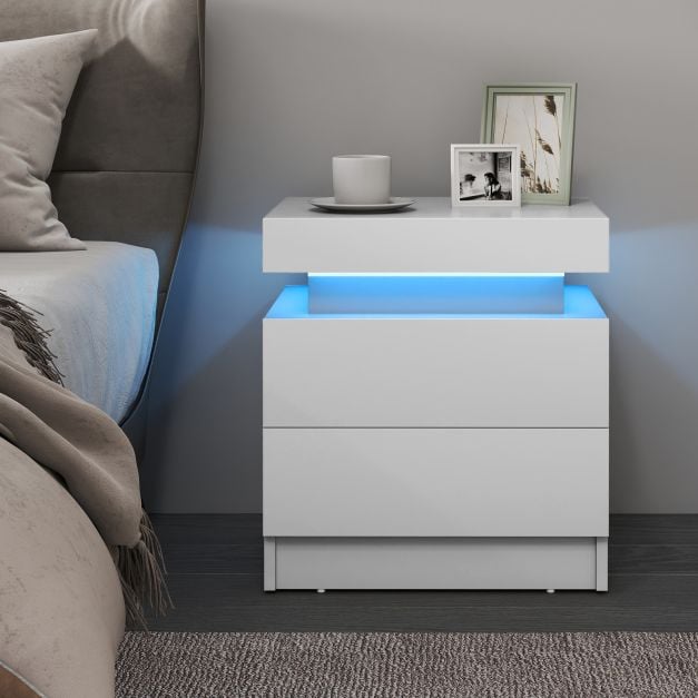 Set of 2 Faux Marble Modern Nightstand with Drawers and LED Light White