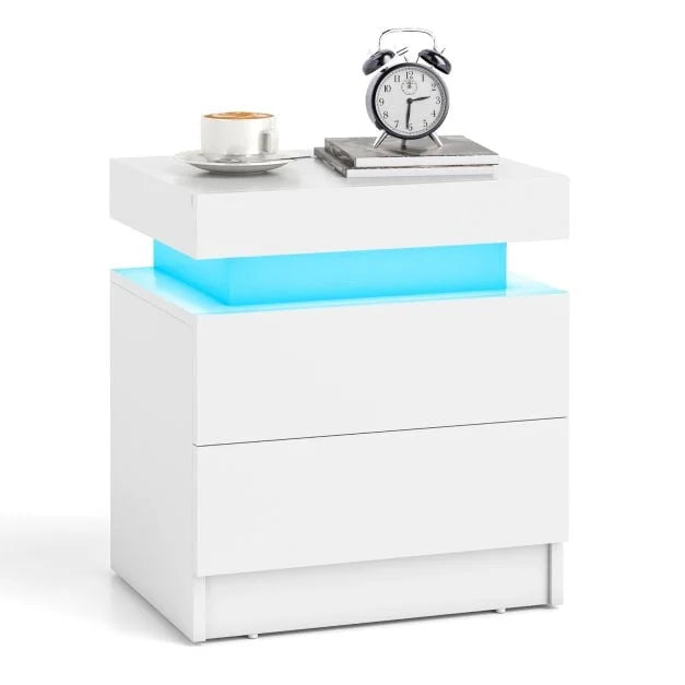 Set of 2 Faux Marble Modern Nightstand with Drawers and LED Light White