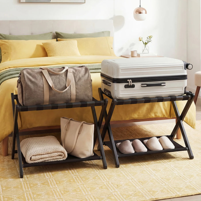 Set of 2 Folding Luggage Rack with Rubberwood Frame for Bedroom-Black