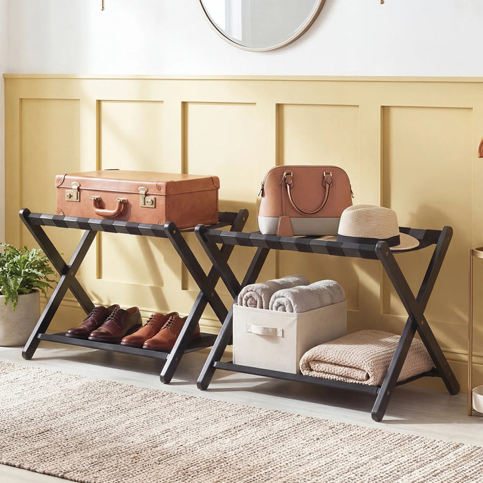 Set of 2 Folding Luggage Rack with Rubberwood Frame for Bedroom-Black