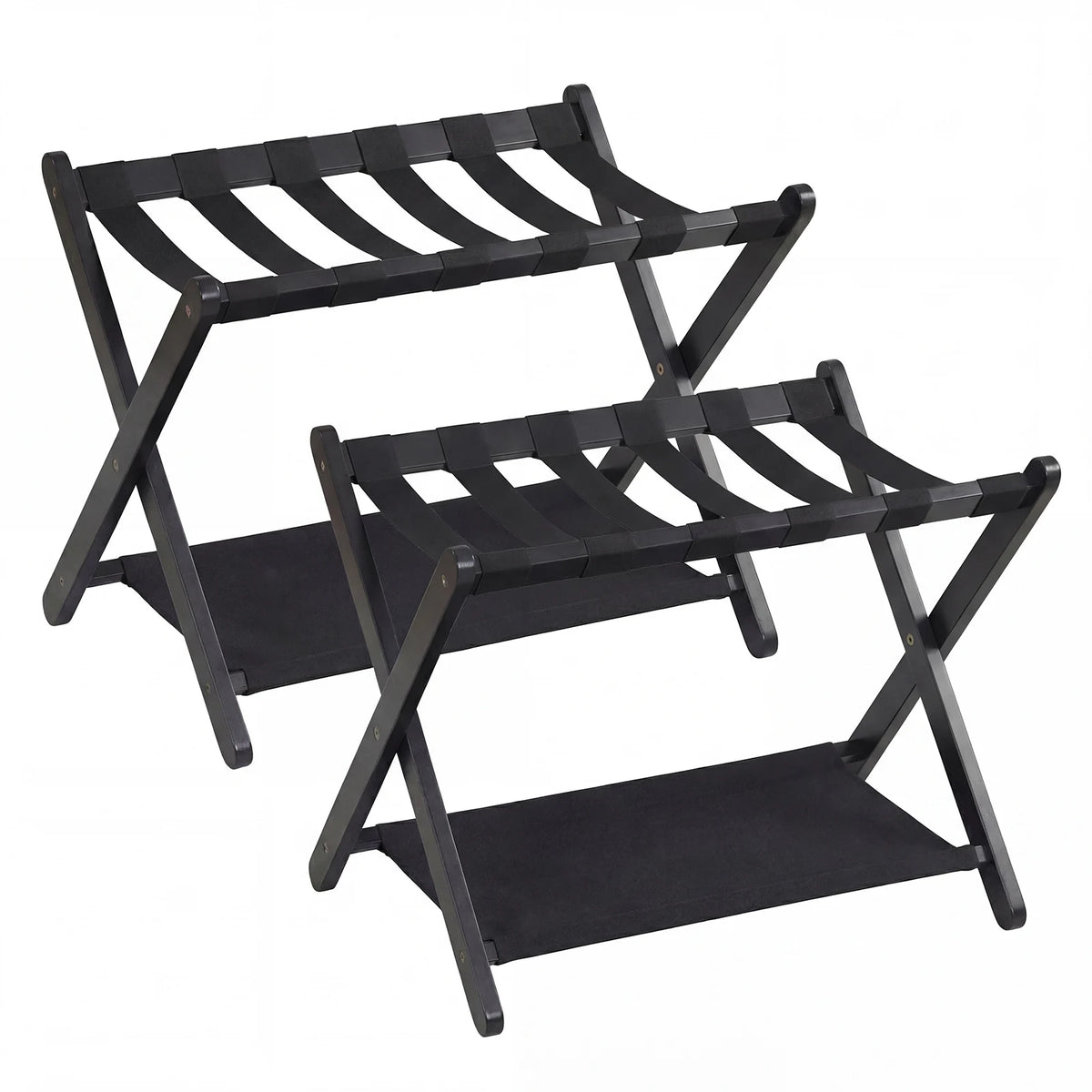 Set of 2 Folding Luggage Rack with Rubberwood Frame for Bedroom-Black