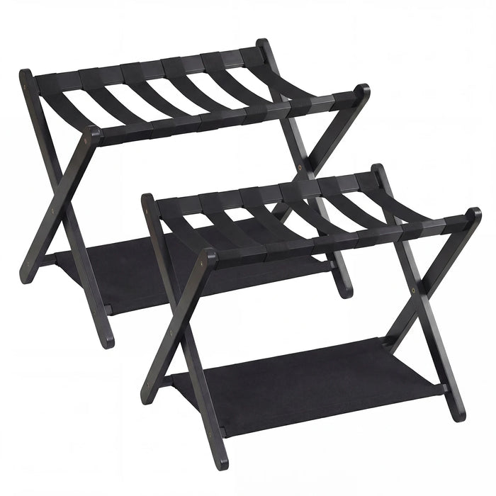 Set of 2 Folding Luggage Rack with Rubberwood Frame for Bedroom-Black