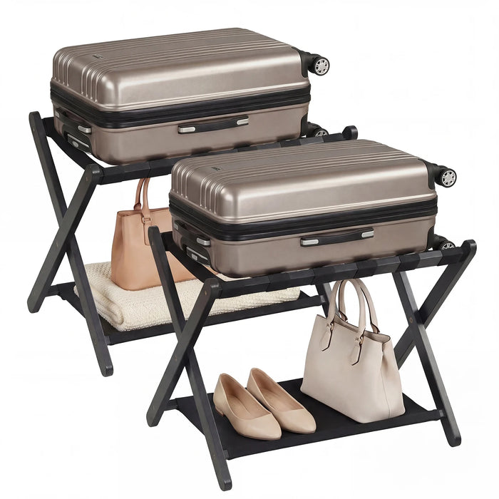 Set of 2 Folding Luggage Rack with Rubberwood Frame for Bedroom-Black