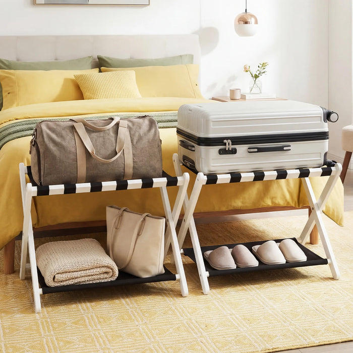 Set of 2 Folding Luggage Rack with Rubberwood Frame for Bedroom-Black