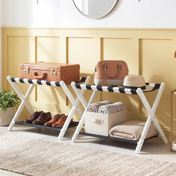 Set of 2 Folding Luggage Rack with Rubberwood Frame for Bedroom-Black