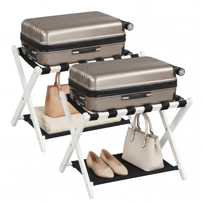 Set of 2 Folding Luggage Rack with Rubberwood Frame for Bedroom-Black