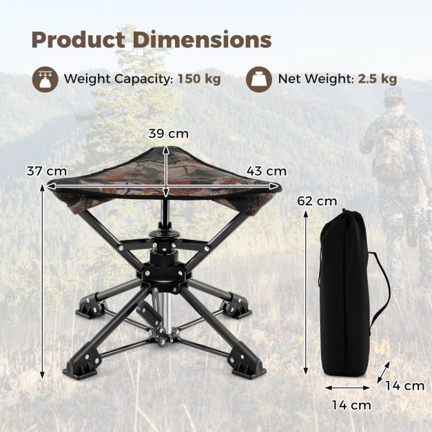 Set of 2 Folding Swivel Camping Hunting Stools with Anti-Sink Feet and Carry Bag-