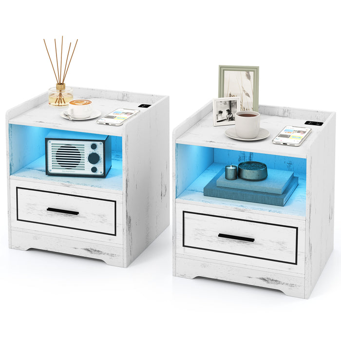 Set of 2 LED Nightstand with USB and Type-C Port-Black