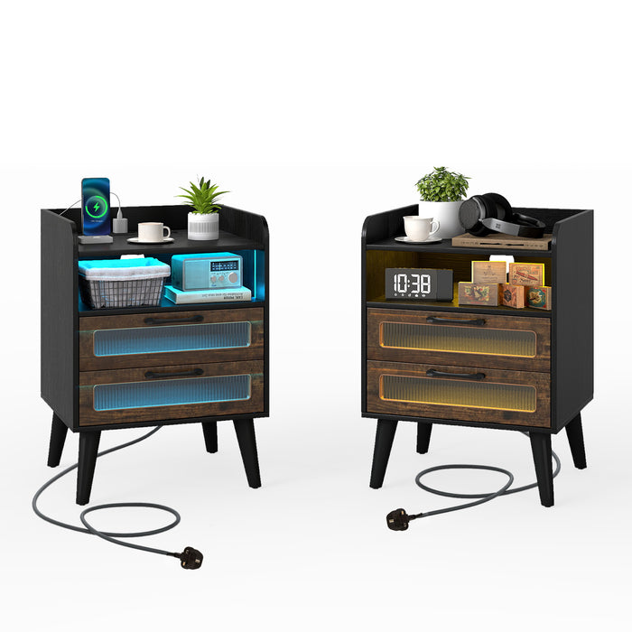 Set of 2 Mid Century Nightstand Modern Bedside Table with Charging Station-