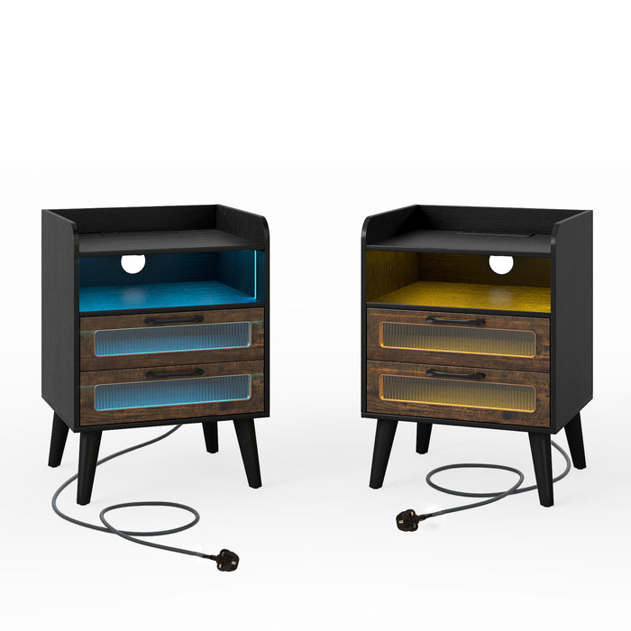 Set of 2 Mid Century Nightstand Modern Bedside Table with Charging Station-