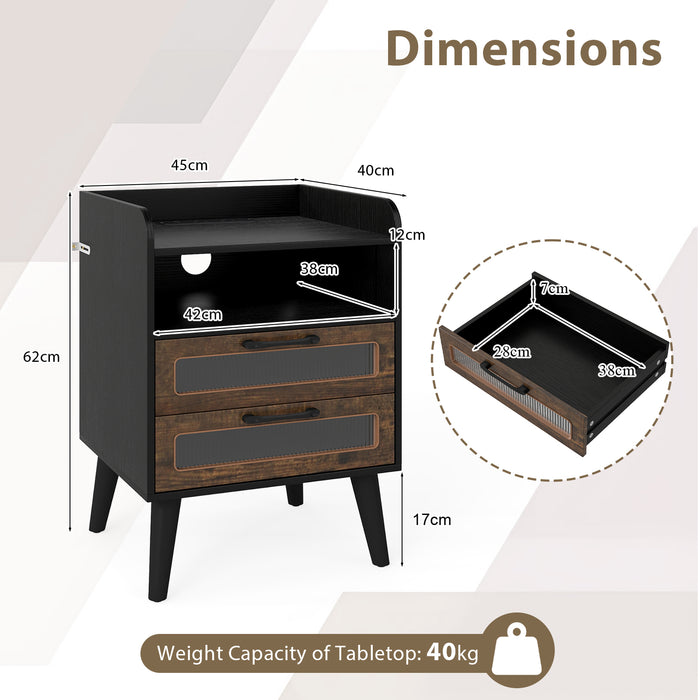 Set of 2 Mid Century Nightstand Modern Bedside Table with Charging Station-