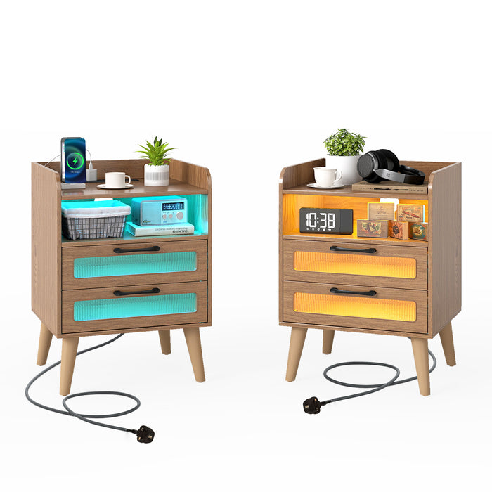 Set of 2 Mid Century Nightstand Modern Bedside Table with Charging Station-