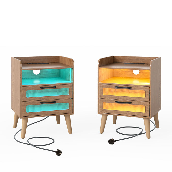 Set of 2 Mid Century Nightstand Modern Bedside Table with Charging Station-