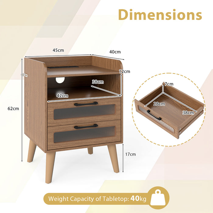 Set of 2 Mid Century Nightstand Modern Bedside Table with Charging Station-