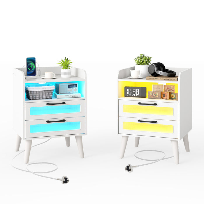 Set of 2 Mid Century Nightstand Modern Bedside Table with Charging Station-